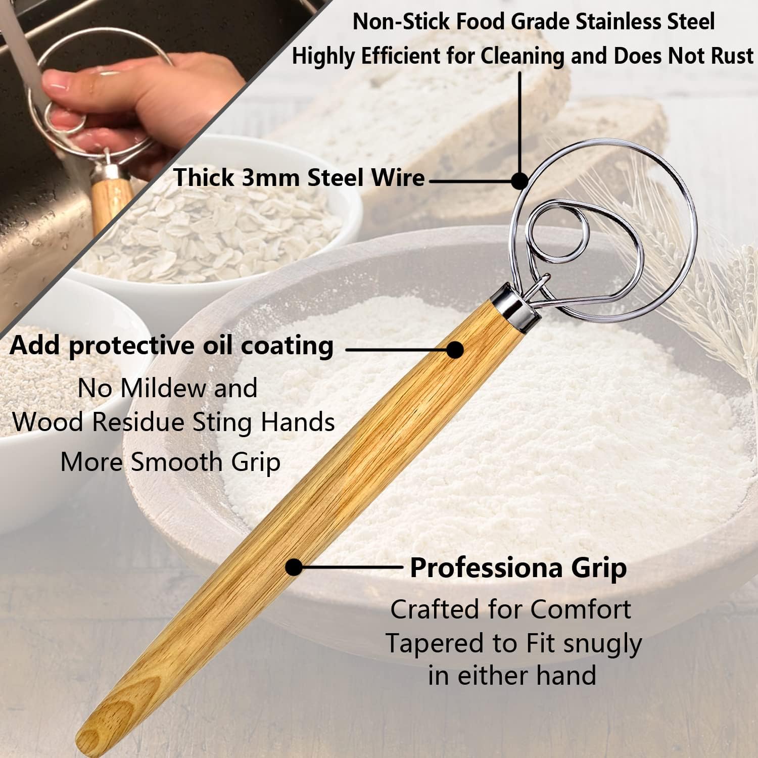 Danish Dough Whisk, Dutch Style Bread Whisk For Sourdough Cooking Kitchen with Stainless Steel Danish Sourdough Whisks Bread Mixer 13  and Dough