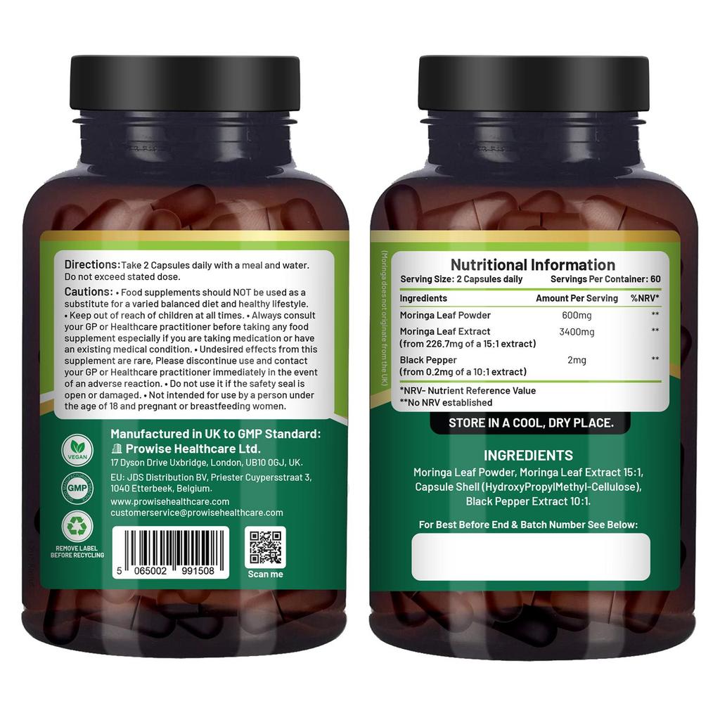 Reines Moringa 4000mg - 120 Vegane Kapseln mit Schwarzem Pfeffer