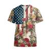 Women V Neck Short Sleeve Work Shirt with Pockets Independence Day Print Medical Uniform Top for Healthcare Professionals