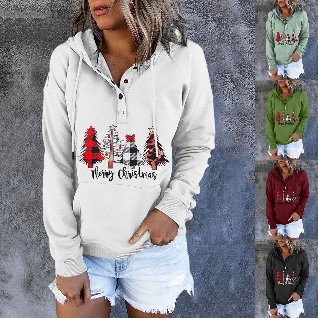 Women  Winter Casual Christmas Fashion Print Hooded Button Sweatshirt