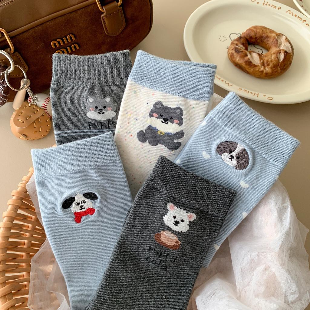 Puppy Embroidery Gray-Blue Socks Medium Tube Socks Versatile Cotton Socks Boneless Cartoon Cute Pile Socks