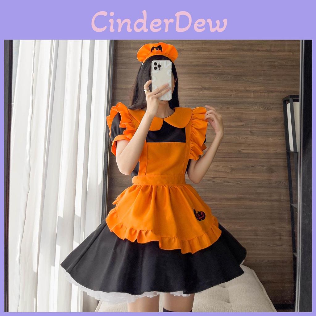 Feminine Lolita Halloween Party Dress With Pumpkin Apron And Headdress
