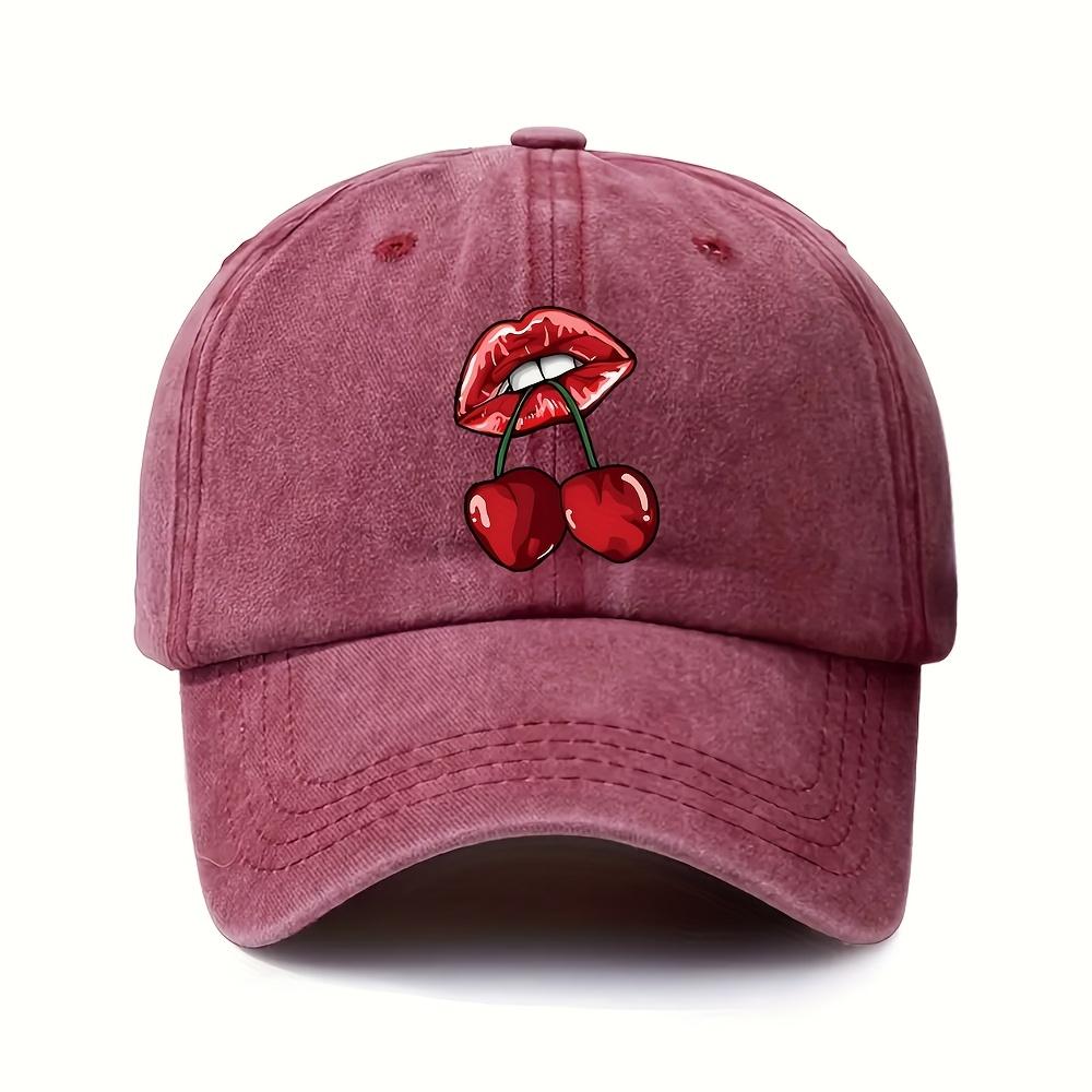 Sexy Lippen Kirschmuster Gewaschene Baseballkappe Trendige Unisex Freizeit Polyester Verstellbare Sportkappe