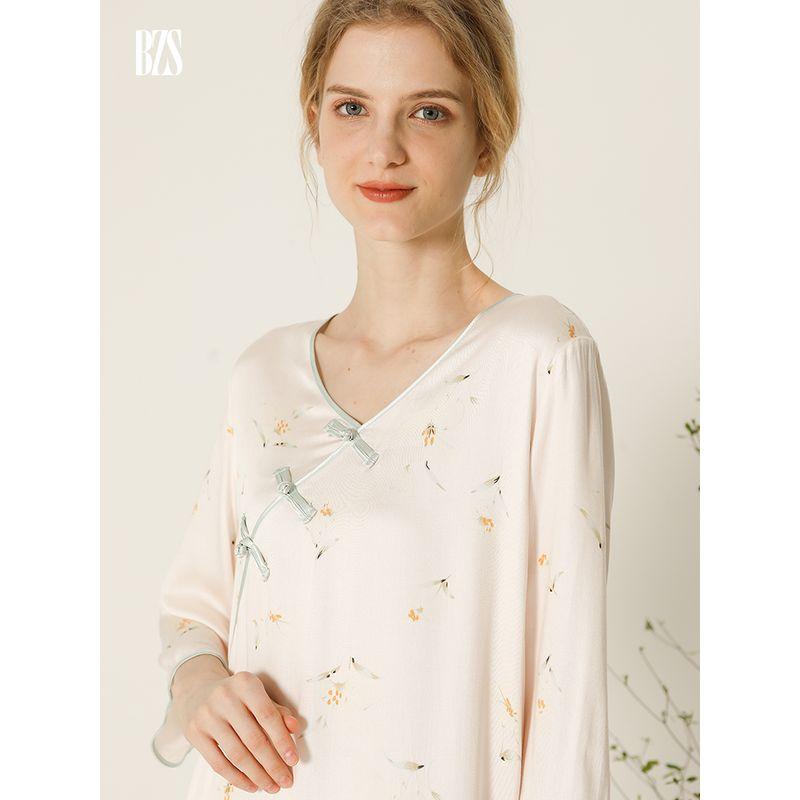 2024 Summer Cotton Silk Mid-Sleeved Night Skirt Women's Summer Cotton Satin Retro National Style Artificial Cotton Elegant Buckle Night Dress