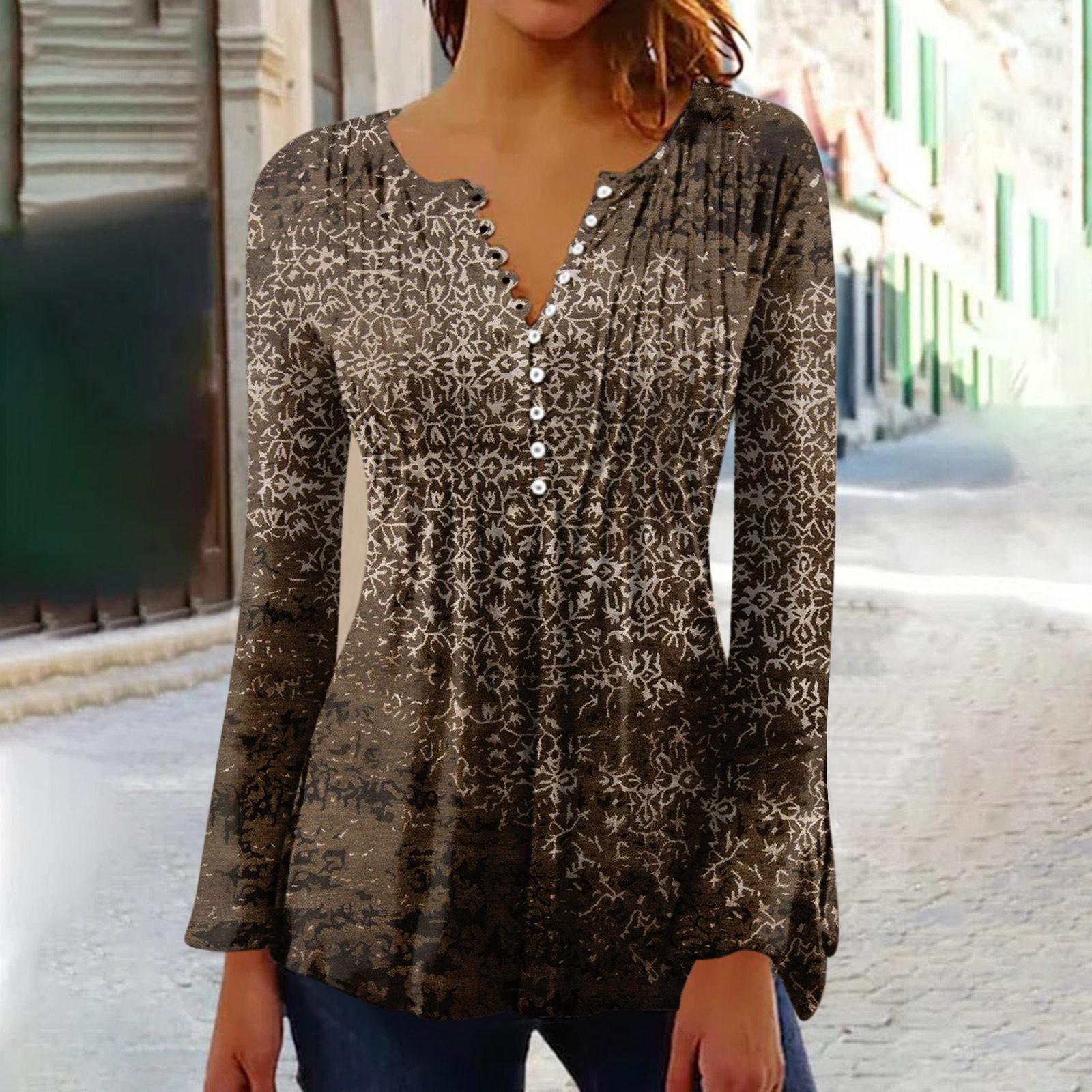 Женские расклешенные рукава с принтом Воротник на пуговицах Пуговицы Длинные рукава — фото 10