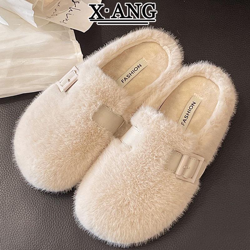 Premium mink hair thick-soled fluffy slippers women wear autumn and winter new fluffy shoes bag head cotton slippers