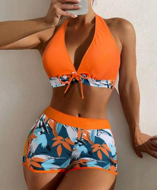 European & American Print Backless Bikini Swimsuit
