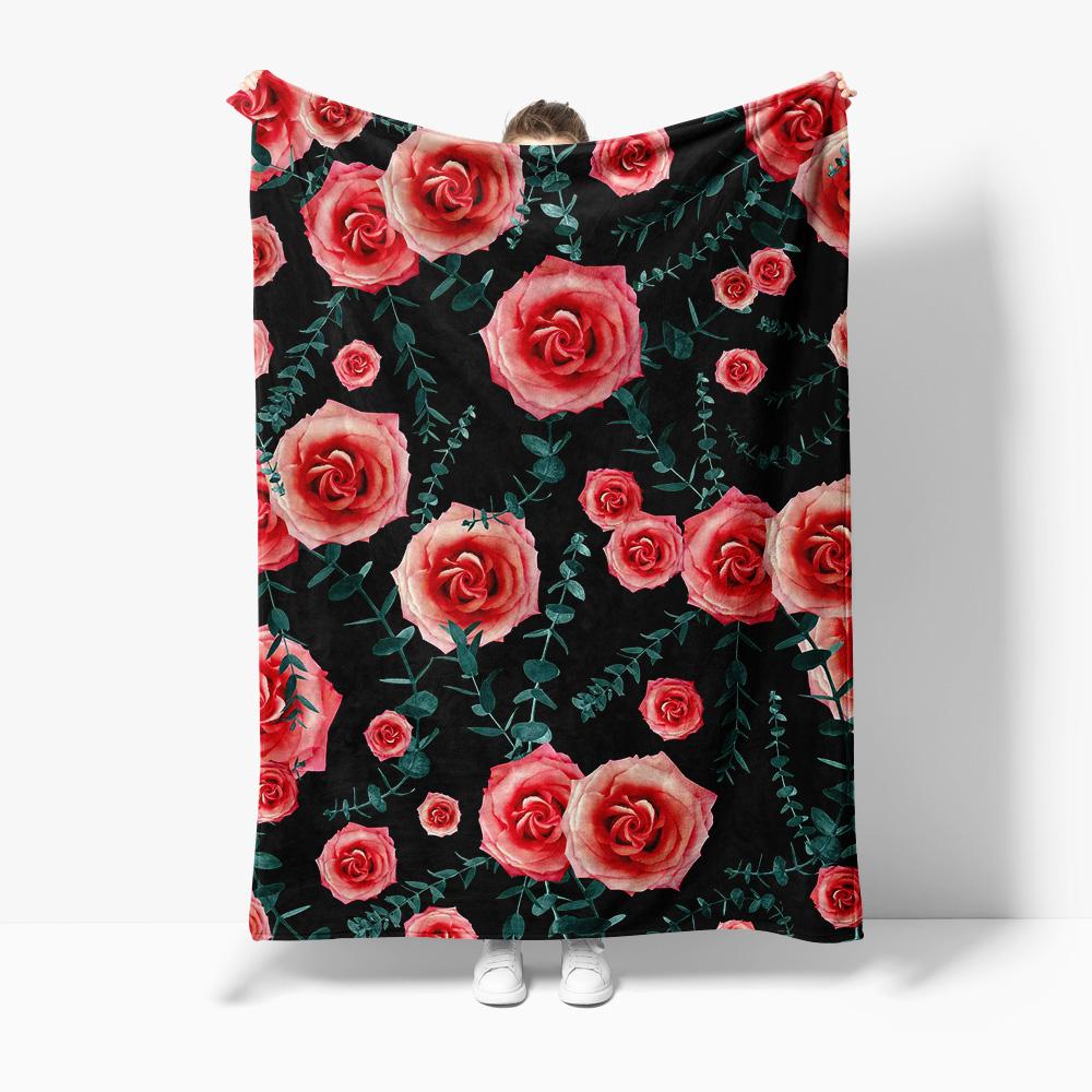 

Watercolor Floral Fleece Blanket with Dark Leaves Romantic Gift for Women Girls Cozy Throw Blanket Decorative Bedspread 75x100cm
