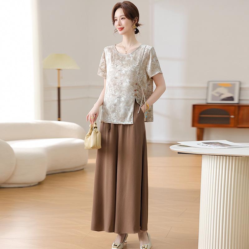 

Women s Chinese Style Summer Two-Piece Set: Short Sleeve Top & Wide-Leg Pants 2XL (Recommended 95-115 lbs)