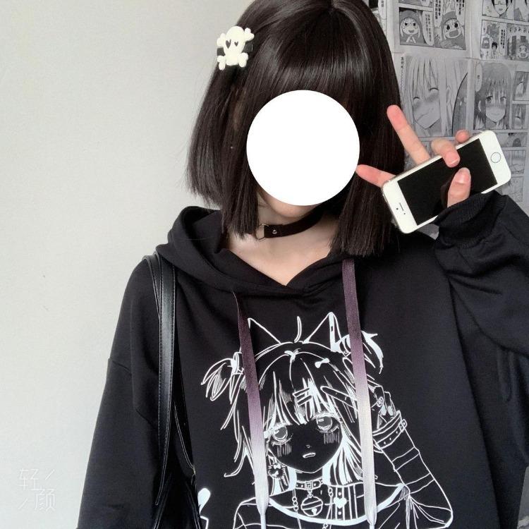 Sudadera con capucha Gótica de Anime Oversize para Mujer Harajuku Streetwear Pulóver Manga Larga Negro Blanco Moda Femenina Sudadera