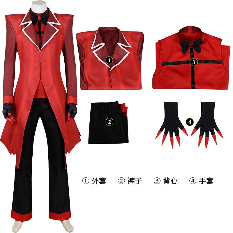Anime Alastor Hazbin Costume Cosplay Perruque Hôtel Radio Démon Cosplay Veste Rouge Chemise Pantalon Gants Cravate Uniforme Halloween Complet