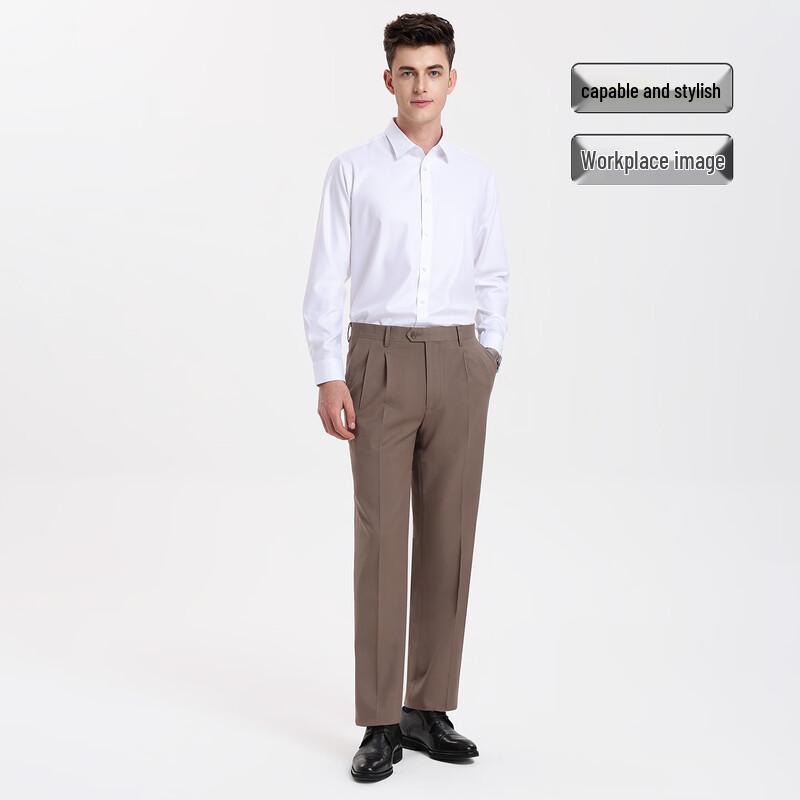 Langdeng Men's Double Pleat Business Straight Trousers