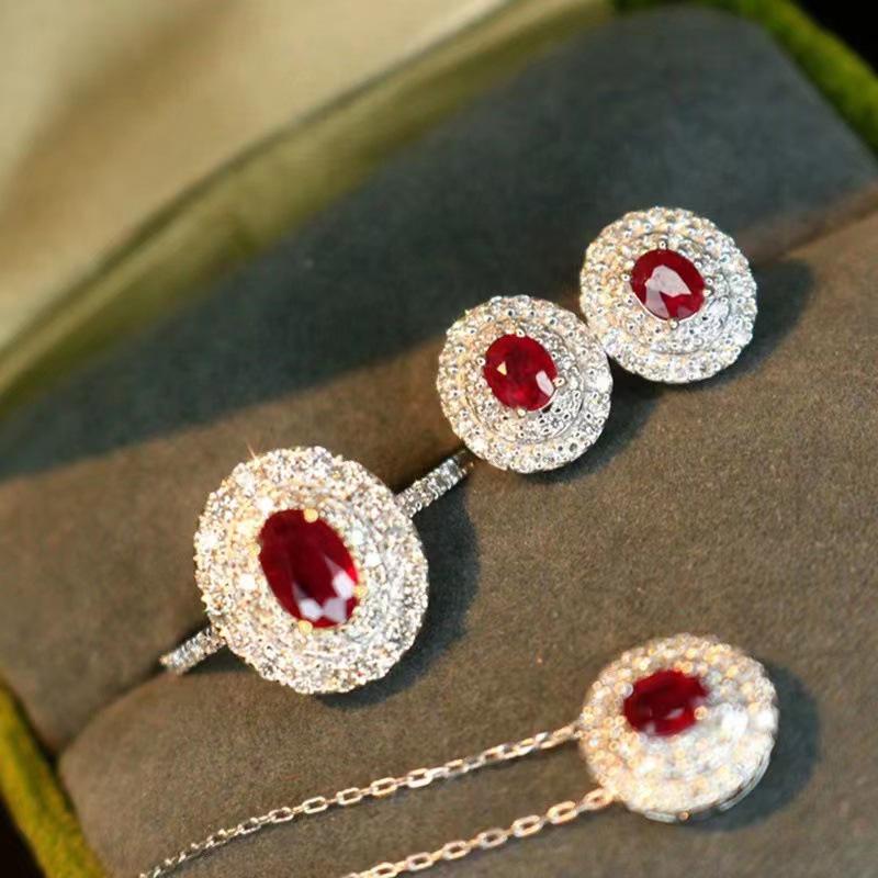 Elegant Pigeon Blood Red Gem Jewelry Set: Earrings, Necklace, and Collarbone Chain for Women