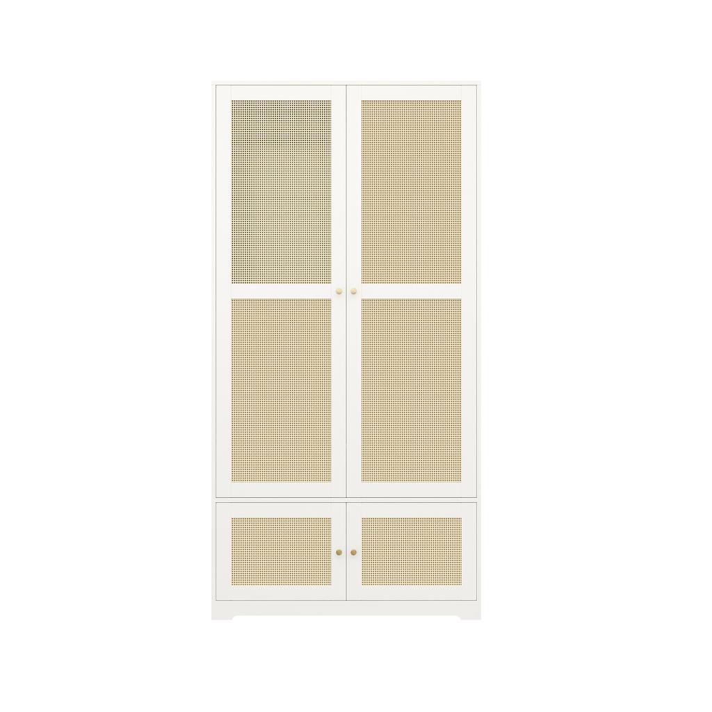 Rattan Wardrobe, 2-Door Wardrobes, Wardrobe, with Clothes Rail and Shelves, made of MDF and Lacquered Fronts, Bedroom Wardrobe, White, 90 x 48 x 180cm