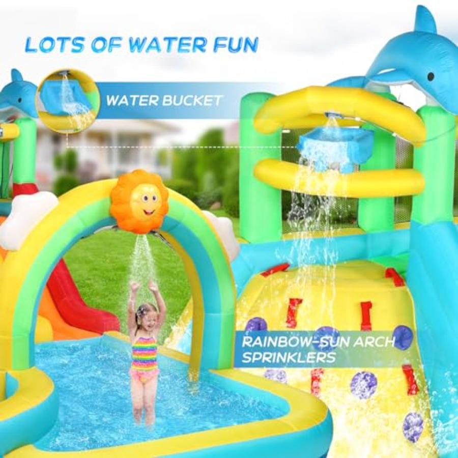 Inflatable Water Slide Bounce House for backyard use, PVC material, blue and red color, 10-in-1 design with climbing wall, pool