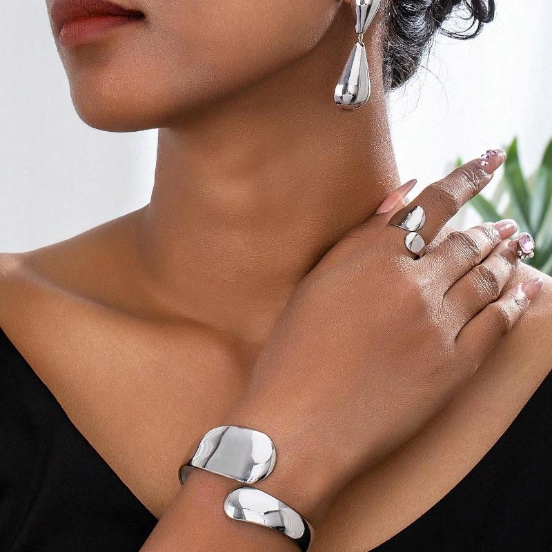 Geometric Open Cuff Bracelet, 1pc Open Ring, and 1 Pair of Droplet Shaped Pendant Earrings Retro Exaggerated Jewelry Set for Women