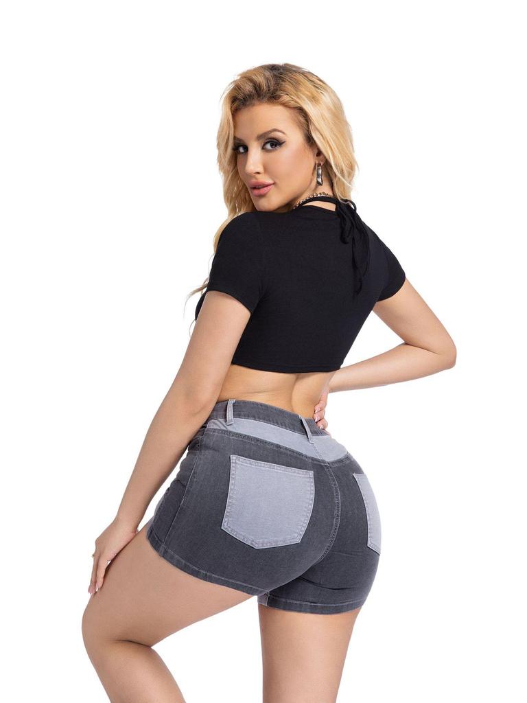 2025 European & American Stretch Fashion Patchwork Denim Hip-lifting Shorts for Women