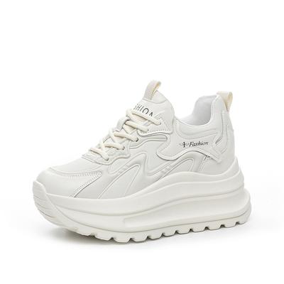 %100 Gerçek Deri Ayakkabılar Kadın Moda Spor Ayakkabıları Düz Platform Yükseltici Ayakkabılar 7cm Marka Bayan Günlük Ayakkabılar Siyah Bej