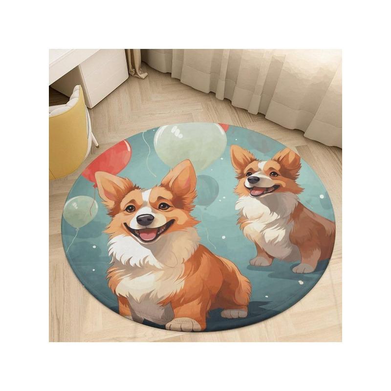 

Round Rug Soft Absorbent Bath Mat Non-Slip Chair Pad Cartoon Corgi Area Rug for Living Room Doormat Small Floor Carpet Washable 100cm