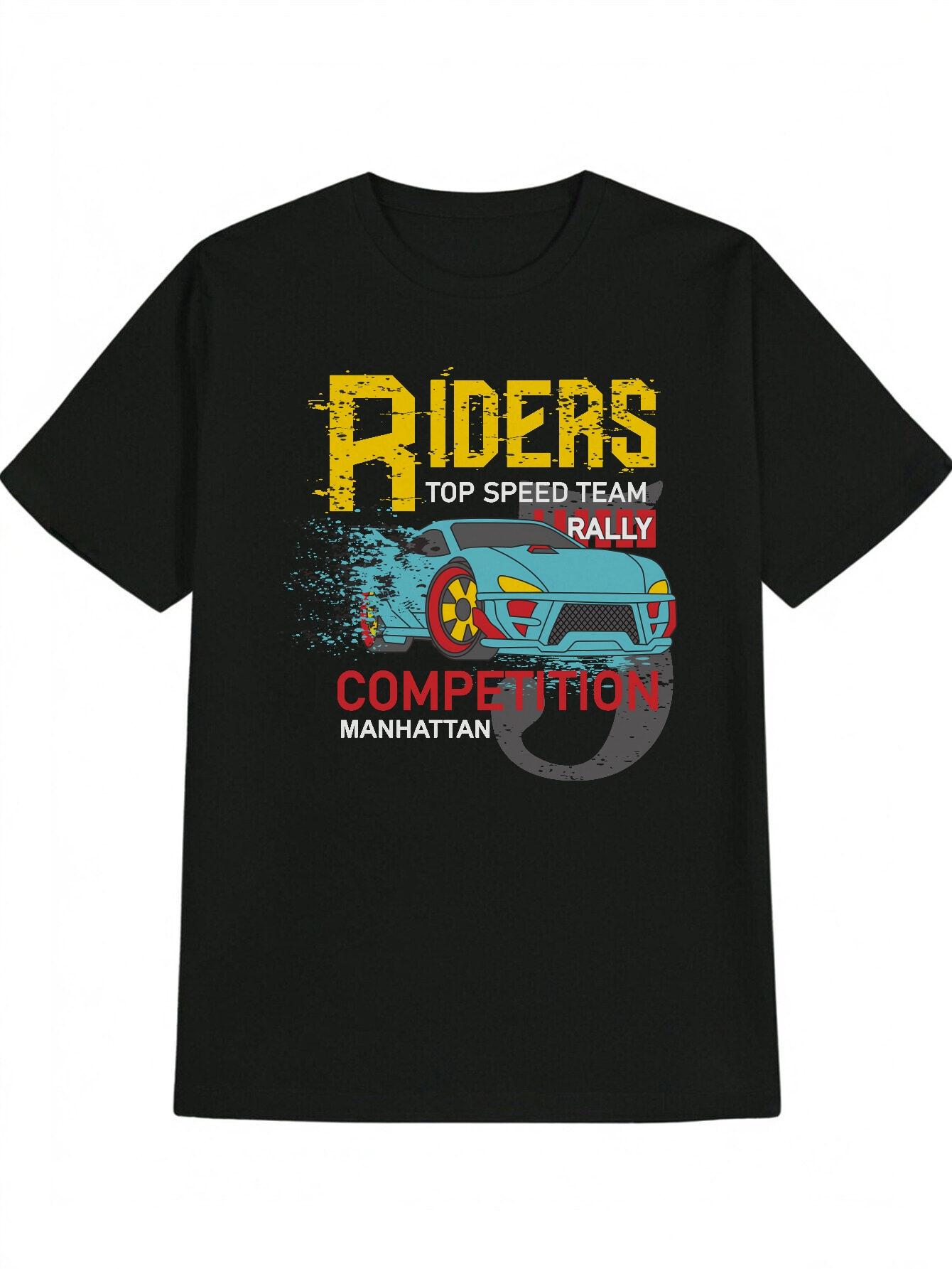 Casual Graphic T-shirt - Black with Blue Sports Car & Yellow Riders Design S