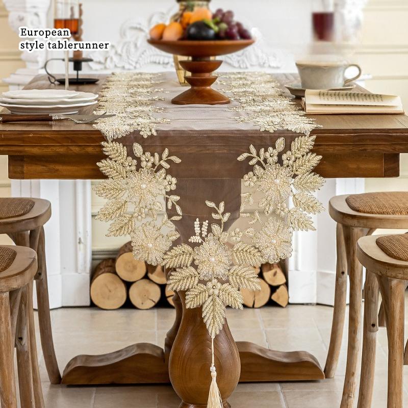 European Style Tassels Lace Table Runner With Exquisite Vintage Shabby Chic And Pearl For Holiday Wedding Long Dinner Tables