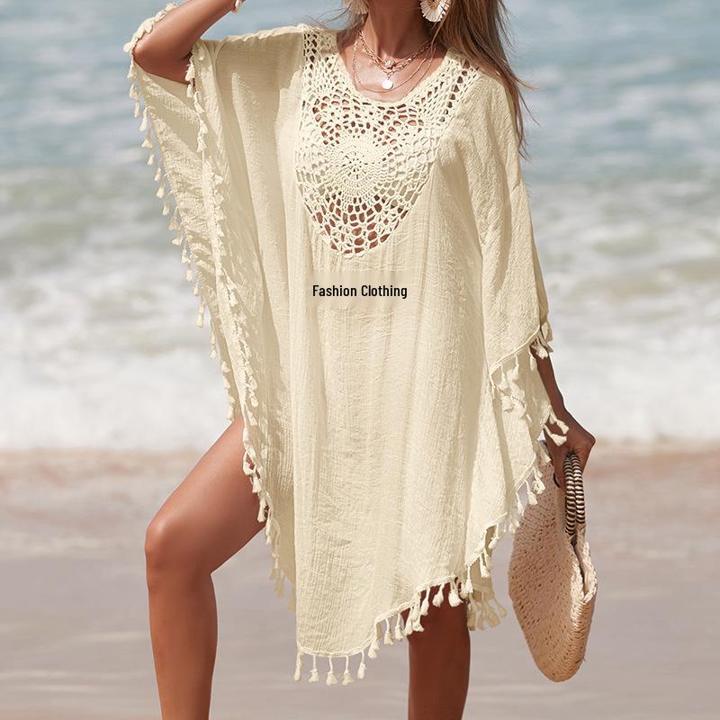 

Европейский и американский пляжный чехол: Вязаное крючком однотонное лоскутное платье свободного кроя с кисточками, защита от солнца, короткий и сексуальный стиль One Size абрикосовый