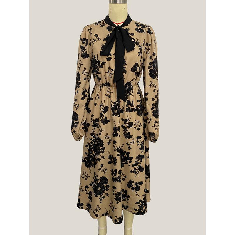 

Платье с длинными рукавами и цветочным принтом, женское летнее платье средней длины с юбкой-трапецией и воротником-галстуком, элегантное свободное женское платье S