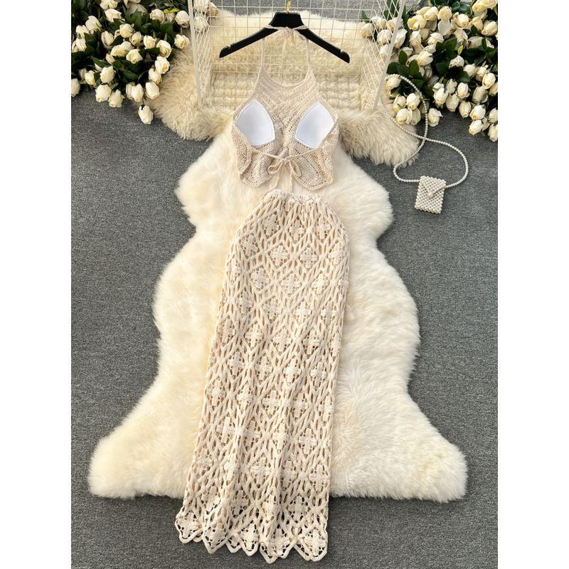 Bohemia Vacation Style Halter Spaghetti Straps Vest Sexy All-Matching Retro Crocheted Cut Out Skirt Two-piece Set Tide