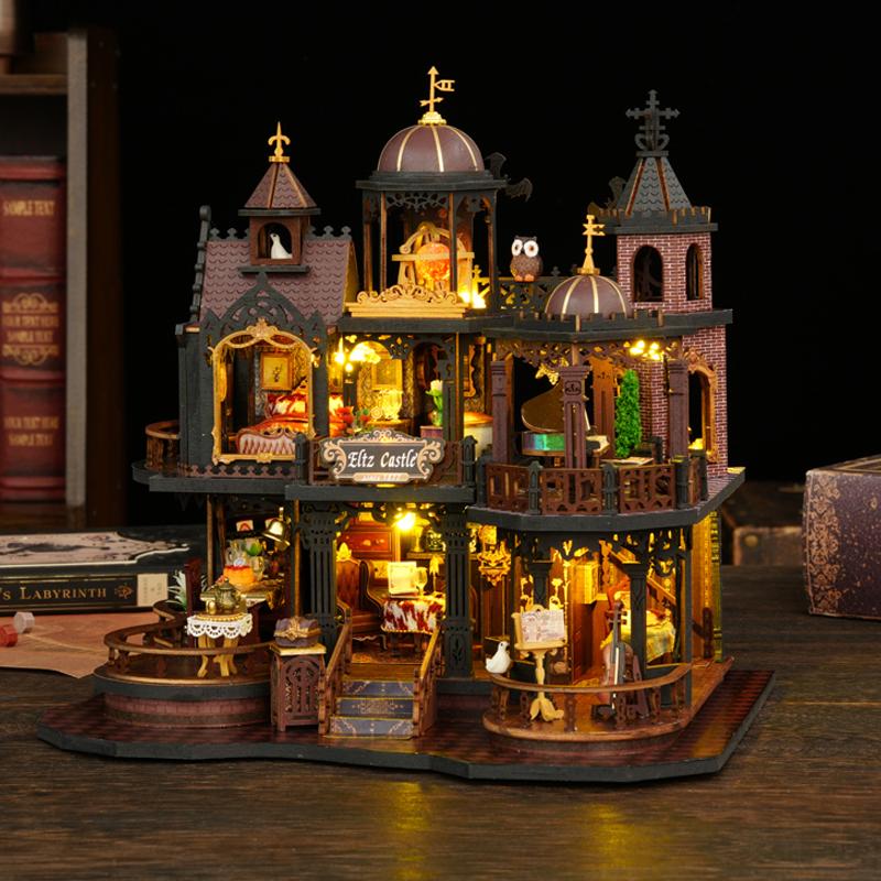 Dřevěné puzzle DIY Hrad Edinburgh Figurky Domů Miniatury Sady S LED Světly Domeček pro panenky Domácí Dekorace Pro Dospělé Ručně vyráběné Dárky