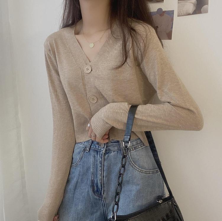 Solid One Size Women's V-Neck Knitted Long Sleeve Pullover Cardigan Sweater Spring Fall Tops Single Breasted Button Fresh Outerwear