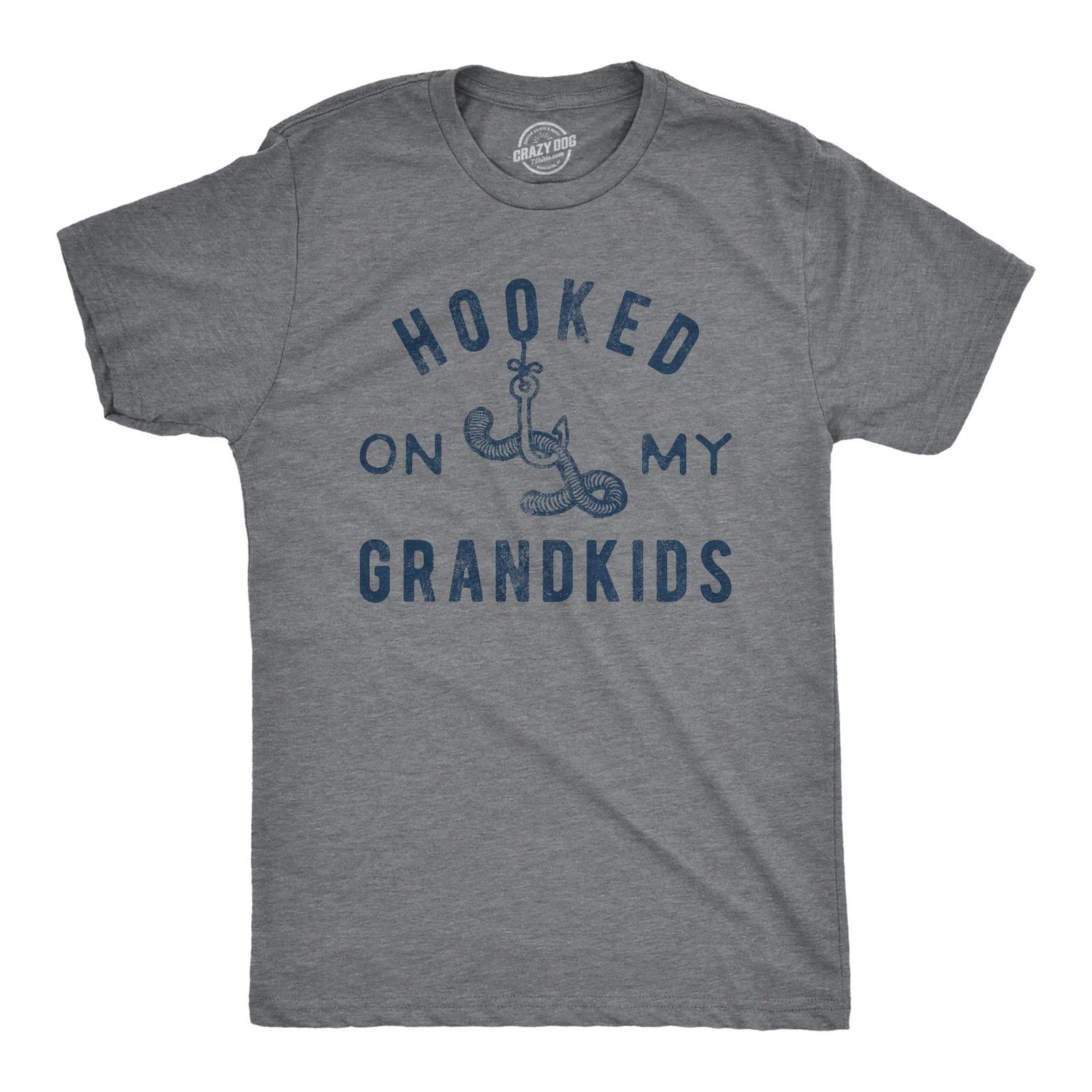Mens Hooked On My Grandkids T Shirt Funny Fishing Grandpa Novelty Graphic Tee XS