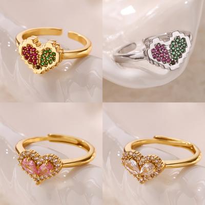 Kolorowy Pierścionek Serce z Cyrkoniami Dla Kobiet Złoty Kolor Stal Nierdzewna Serce Regulowany Pierścionek Ślub Rocznica Wodoodporna Biżuteria Prezent