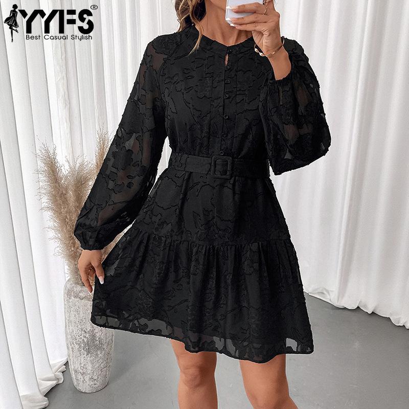 YYFS Women's Fashion Spring Fall Solid Color Flower Pattern Print Long Sleeve O-Neck Loose Waistline Casual Dresses