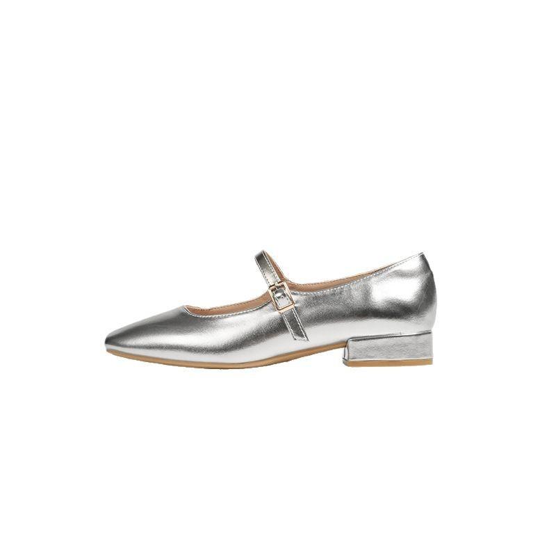 Silver Mary Jane Shoes 2025 Spring and Autumn New Light Mouth High Sense Low Thick Heel Small Leather Shoes French Flat Sole Shoes Women