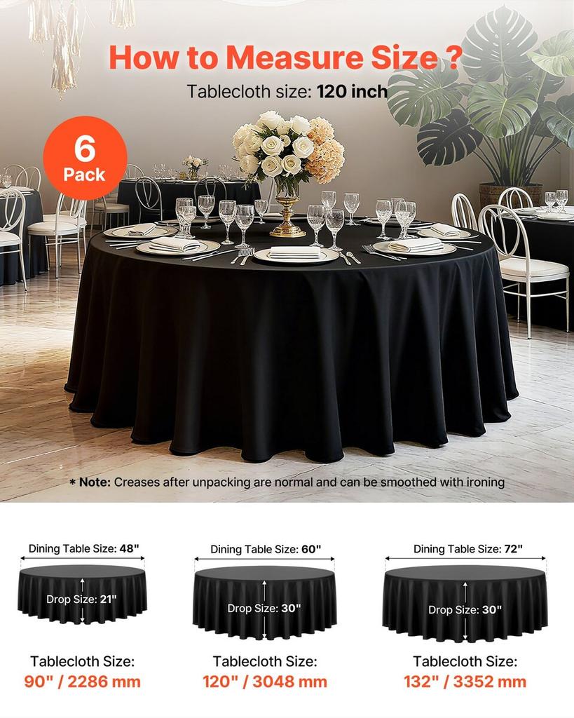 Black Round Tablecloths 6 Pack, 120 Inches In Diameter, Stain- & Wrinkle- Resistant, Machine Washable Table Clothes, Polyester Fabric Table Covers for