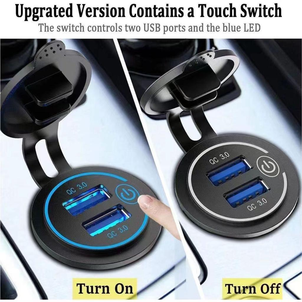 LED Car Charger Car Charger with Touch Switch Dual USB Waterproof Power Socket Fast Charging Plug Car Modification Charger