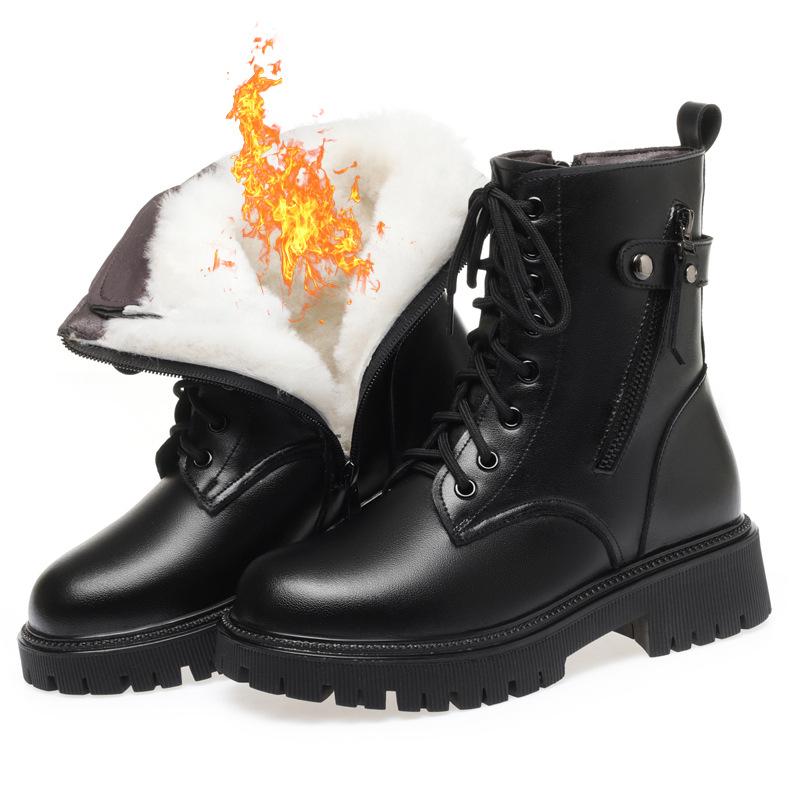 Female Ladies Women Genuine Leather Ankle Boots Wool Snow Boots Platform Autumn Winter Plush Fur Warm Shoes Size Lace Up 35-43