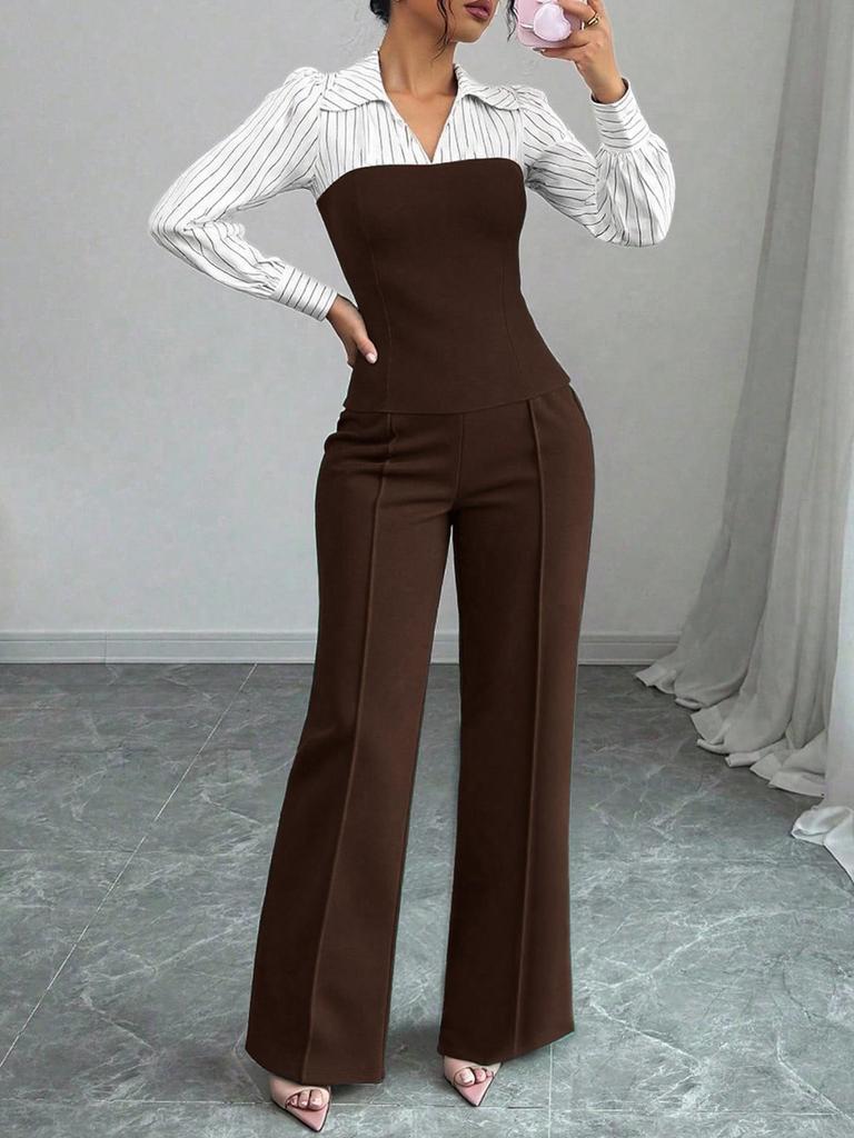 Completo 2 pezzi stile europeo da donna 2026: camicia a V con patchwork in vita e pantaloni