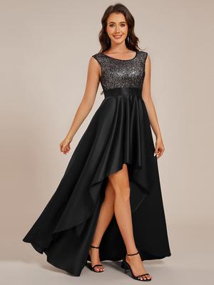 Ever-Pretty Women's Round Neck Sequin Bodice High-Low Hem Evening Dress With Satin Skirt