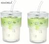 Thick Wall Glass Cup with Straw,1/2 Pcs Tumbler with Leak Proof Lid 420ML for Iced Coffee Juice Milk Tea Cola Mugs Drinkware Set