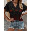 Summer new ethnic style full printed V-neck roll-sleeve fashion casual large size women's short-sleeved T-shirt