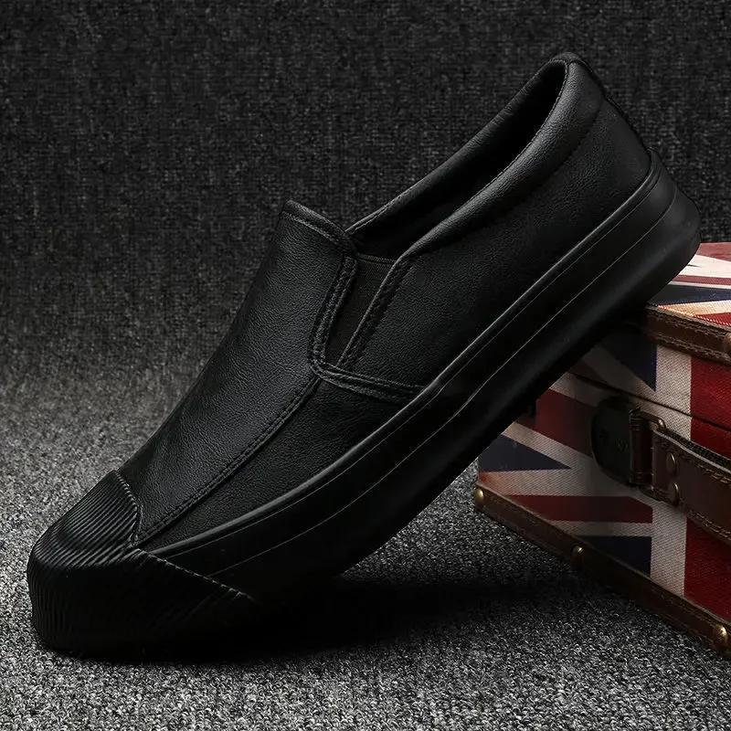 Fashion Man Casual Shoe Soft Solid Color Round Toe Leather Shoes for Men 2025 Trend Footwear Offer Pu Slip-on Legitimate New In Cowhide