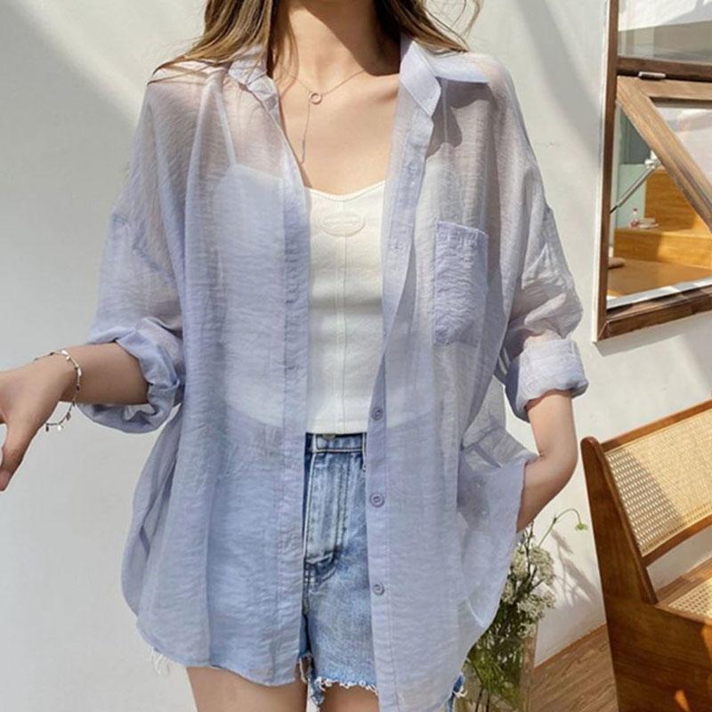 Cardigan subțire de vară cu mâneci lungi pentru protecție solară Femei Casual Alb Cămașă de protecție solară Vânt leneș Cămăși largi din șifon