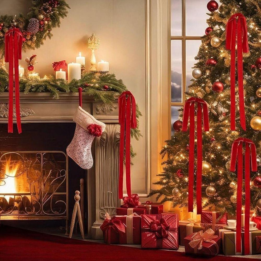 6pcs Velvet Christmas Ribbon Bow Large Size Long Ribbon Christmas Wreath Bowknot Vintage Gift Decorative Bow Holiday Party