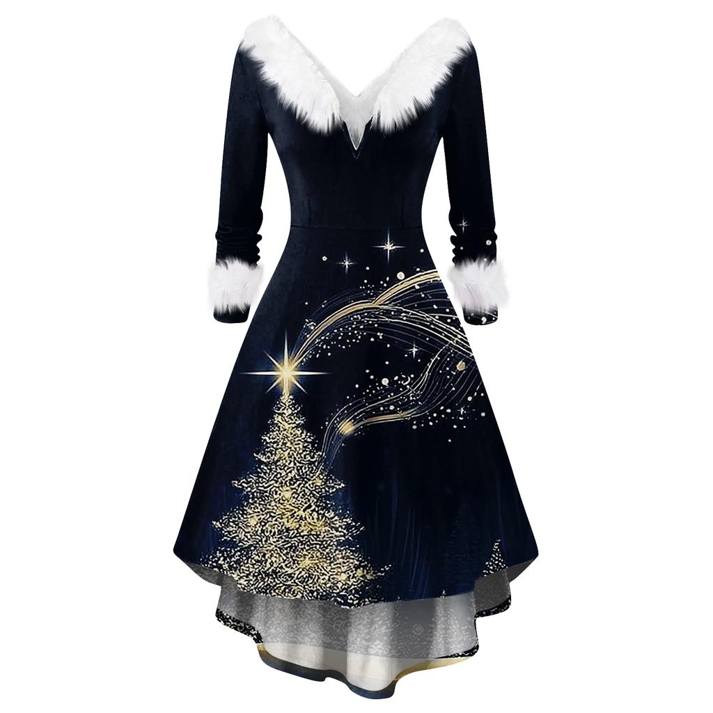 Women's Fashionable Casual Fitted Christmas Print Party Long-Sleeved Dress