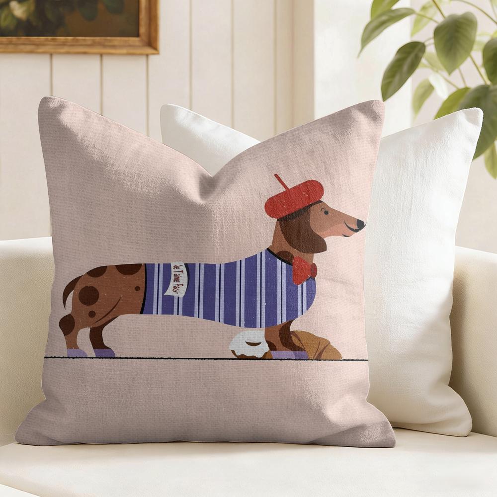 Süße Dackel Kissenhülle Natürliche Leinen Kissenhülle Doppelseitiger Druck Kissenbezug für Sofa Heimdeko Peach skin 18*18(CM)-1Pcs