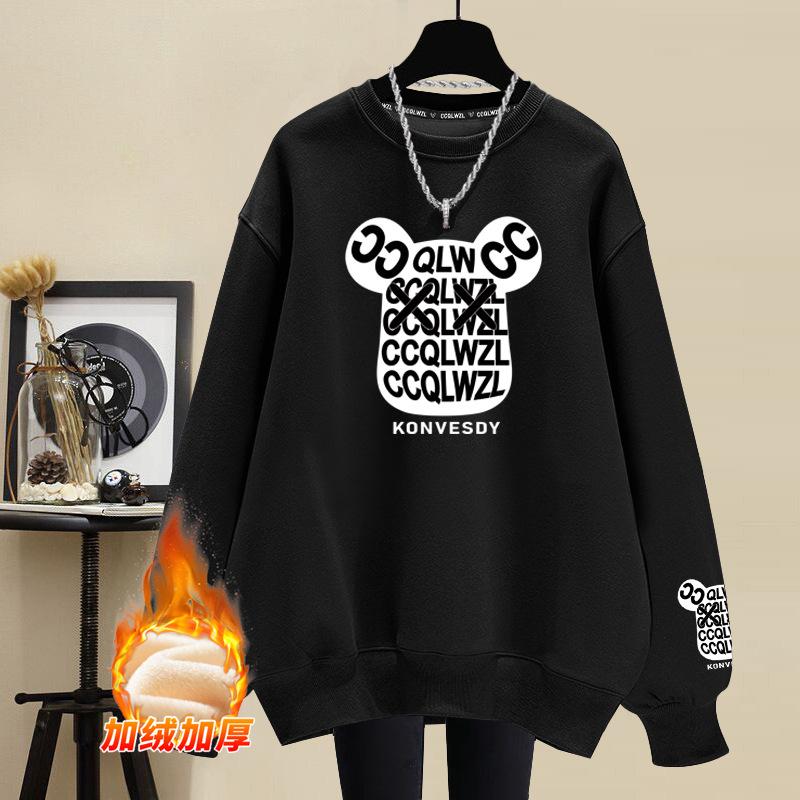 Cartoon pure cotton crew neck sweater women's 2025 autumn and winter velvet thickened casual fashion lazy wind loose large size women's clothing