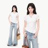 White Irregular Ruffle Front Shoulder Crew Neck Short-sleeved T-shirt Women's Summer High-end Spice Slim Top