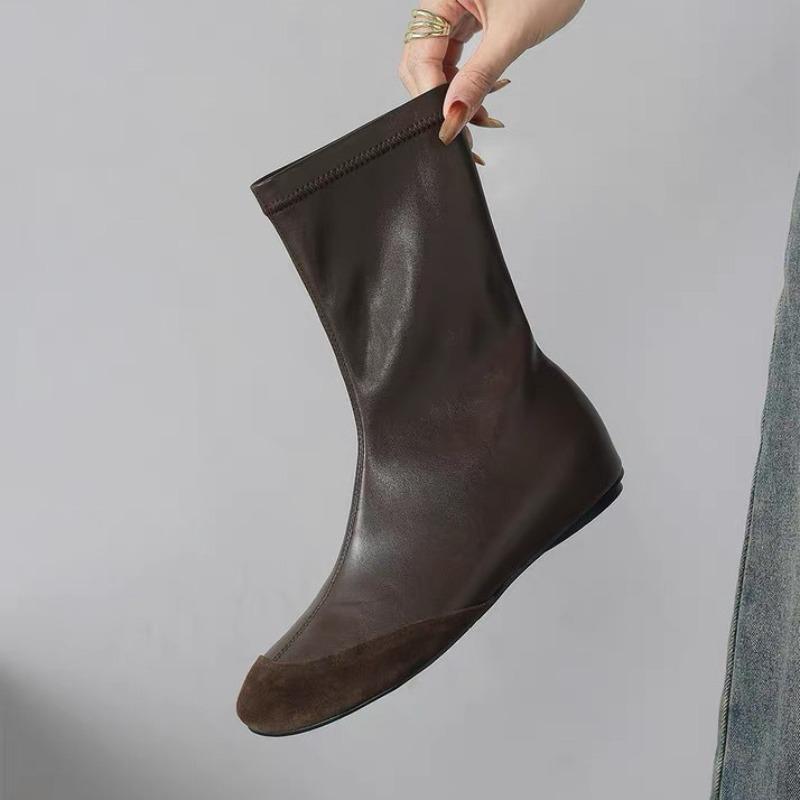 Cowhide version~ retro versatile round head inner heightening elastic boots thin boots women's autumn and winter velvet Chelsea short boots