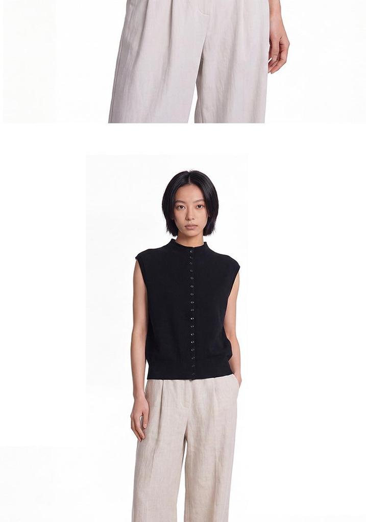 Elegant 100% Wool Sleeveless Knit Top for Women - Autumn/Winter Collection with Rolled Edge Stand Collar